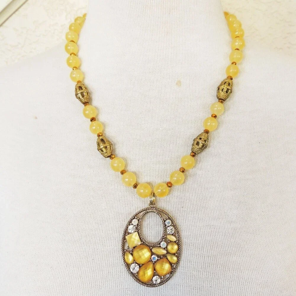 Golden Yellow Calcite Beaded Mosaic Rhinestone Pendant Statement Necklace